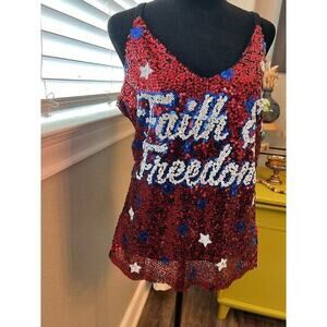 NWT Chance or Fate, Faith & Freedom red, white‎ & blue sequined tank. Sz L